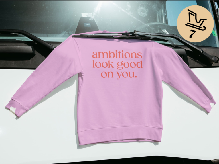 First Merch Drop – sheconomy-Sweater „ambitions look good on you“